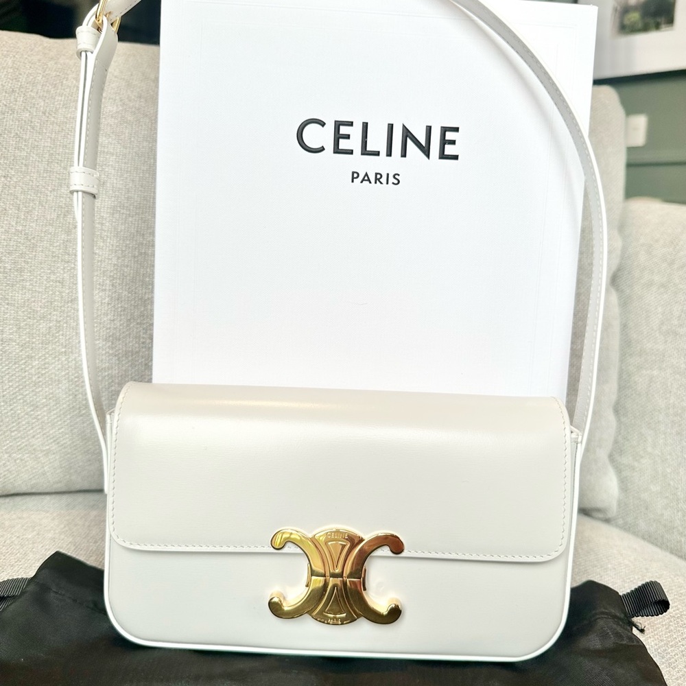 Celine Shoulder Bag Claude in Shiny Calfskin, Arctic White